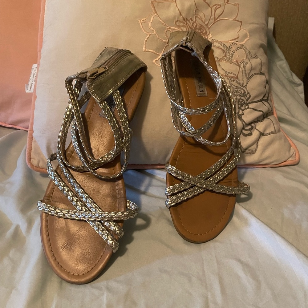 Gold Gladiator style Steve Madden sandals with zipper
